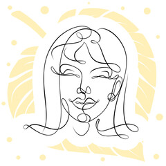 International Women's Day minimal design line drawing style. Portrait of young woman beauty face isolated on yellow leaf background. Vector for Spa, fashion, hairdressing and beautiful artwork design.