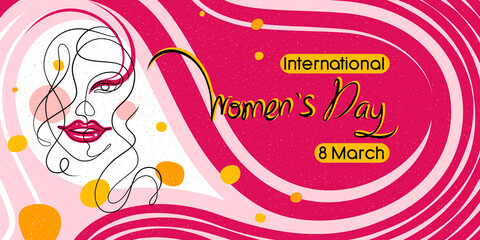 International women's Day, 8th March design concept greeting card template illustration. Flat vector young woman beauty face minimal line drawing style and curve pink with yellow color background.
