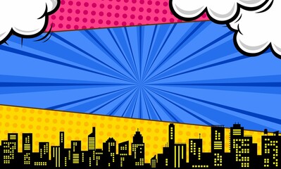 Colorful comic scene background with city silhouette - obrazy, fototapety, plakaty