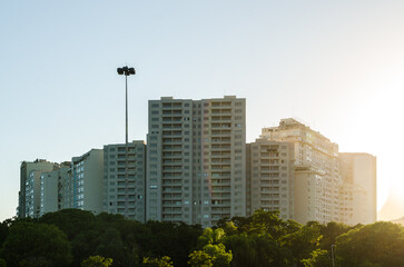 Residential Condo Apartment Buildings Above Trees at Sunset