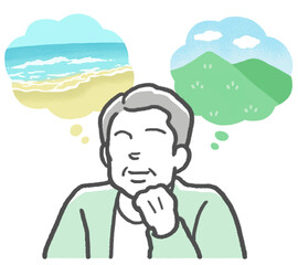 海と山をイメージし、レジャーでどっちに行くか迷う中年男性