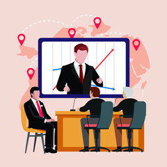 Business team at the video conference call in boardroom with Chief Executive Officer. Vector colorful illustration.