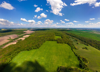Aerial landscape view of green cultivated agricultural fields with growing crops on bright summer day