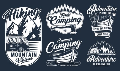 Fototapeta premium Camping outdoor adventure emblems set, summer forest camp fire, wild life explore