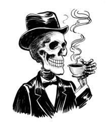 Human skeleton in suit and hat drinking a cup of coffee. Ink black and white drawing