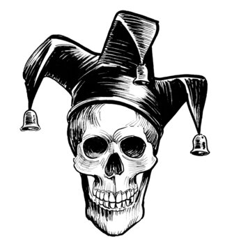 Human skull in jester hat. Ink black and white drawing Stock Illustration Adobe Stock