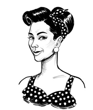 Pretty pinup woman. Ink black and white drawing