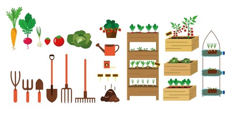 Kit to make different urban gardens, vector illustration, carrot, radish, garlic, tomato, strawberries, cauliflower, seeds, compost