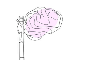 a doctor or scientist examines a magnified human brain by climbing a ladder
