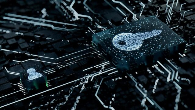 Security Technology Concept with key symbol on a Microchip. White Neon Data flows between the CPU and the User across a Futuristic Motherboard. Seamless Loop.