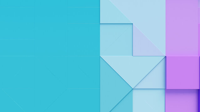 3D blocks of different shapes and sizes interlock to create a wall. Purple and Turquoise Tech wallpaper with copy-space.