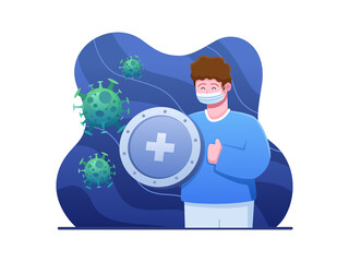 Fight and Prevent coronavirus and variant with wear face mask. Immune system concept. healthy body concept illustration. can be used for banner, poster, web, print, infographic, presentation, etc. 
