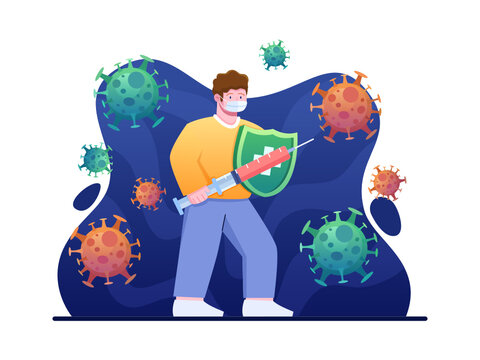 Vector Illustration People Fighting Covid-19 Virus And Variant Omicorn With Wear Face Mask. Covid-19 Vaccination To Fight Virus. Can Use For Banner, Poster, Web, Animation, Presentation, Flyer, Etc.