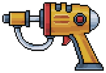 Pixel art futuristic pistol gun vector icon for 8bit game on white background

