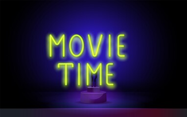 Movie time neon text. Cinema. Movie night. Movie time. neon sign. Logo, emblem, cinema banner, label, night bright advertising. Vector illustration