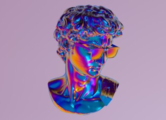 3D illustration of a holographic sculpture of a bust in glasses. Pop art vaporwave style image.