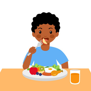 African kids eating sausage, fried egg, chicken, fruits and some vegetables in flat design on white background. Children enjoy eating delicious meal for breakfast or lunch.