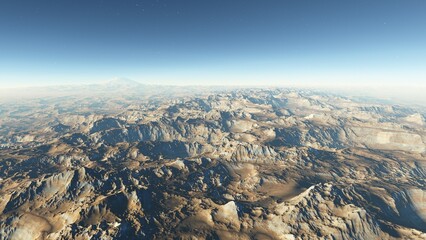 alien planet landscape sci fi spatial background, view from planet surface with spectacular sky, realistic digital illustration	
