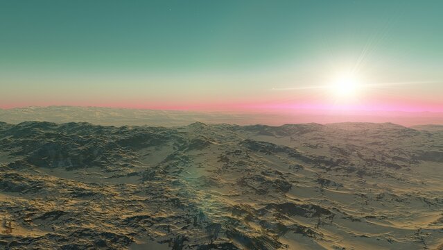 science fiction wallpaper, cosmic landscape, realistic exoplanet, abstract cosmic texture, beautiful alien planet in far space, detailed planet surface, 3d render	
