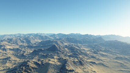 alien planet landscape sci fi spatial background, view from planet surface with spectacular sky, realistic digital illustration	
