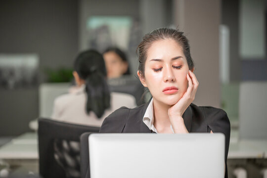 Woman Bored After Work, Unmotivated Employee Feels Disinterested, Asian Business Girl With Boring Working Moment