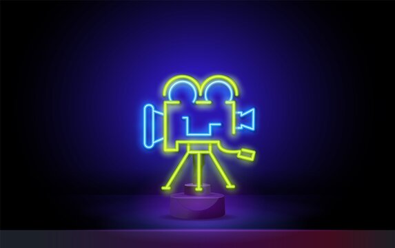 Video Camera Neon Sign. Luminous Signboard With Retro Film Production Equipment. Night Bright Advertisement. Vector Illustration In Neon Style For Vintage Movie, Filmmaking, Videographer, Creativity