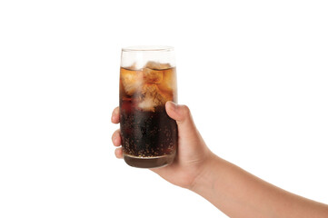 Hand holding a glass of cola isolated on white background.