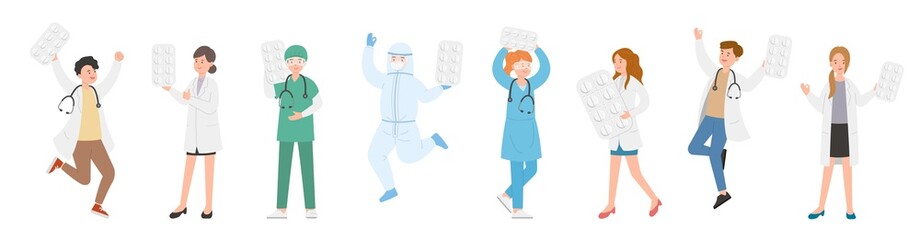Paramedic man or woman doctor or laboratory staff composition, medical specialist with capsule blister, doctor team concept, medical office or laboratory, cartoon vector