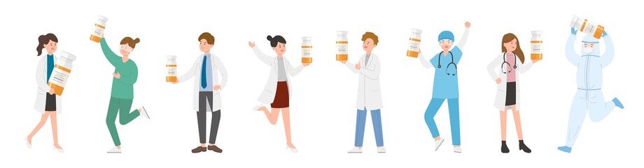 Paramedic man or woman doctor or laboratory staff composition, medical specialist with antibiotic or vaccine, doctor team concept, medical office or laboratory, cartoon vector