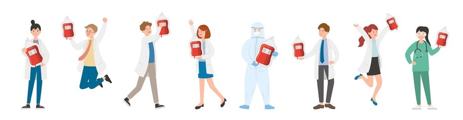 Paramedic man or woman doctor or laboratory staff composition, medical specialist with blood bag, doctor team concept, medical office or laboratory, cartoon vector