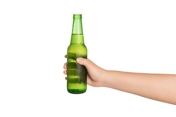 Hand holding bottle of beer on white background.