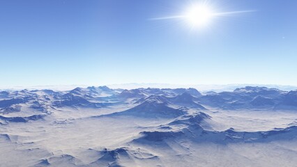 Obraz premium alien planet landscape sci fi spatial background, view from planet surface with spectacular sky, realistic digital illustration 