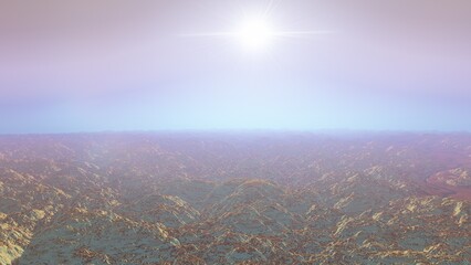 Fototapeta premium alien planet landscape sci fi spatial background, view from planet surface with spectacular sky, realistic digital illustration 