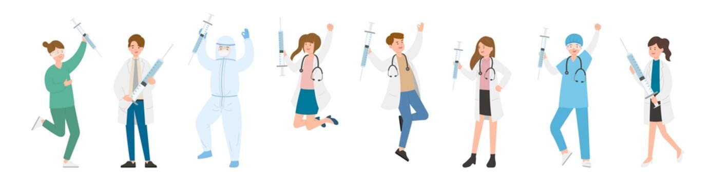Paramedic man or woman doctor or laboratory staff composition, medical specialist with syringe or vaccine, doctor team concept, medical office or laboratory, cartoon vector