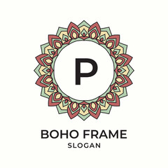 letter P mandala boho frame vintage design element