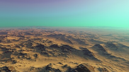 alien planet landscape sci fi spatial background, view from planet surface with spectacular sky, realistic digital illustration	
