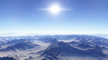 alien planet landscape sci fi spatial background, view from planet surface with spectacular sky, realistic digital illustration	
