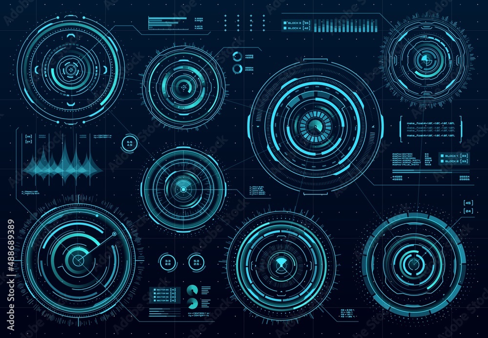 Aufkleber HUD futuristic circular panels. Sci Fi web interface, business infographics visual data, game user interface vector dashboard. Futuristic round display, virtual reality hologram or data diagram