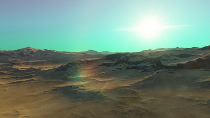 beautiful view from an exoplanet, a view from an alien planet, a computer-generated surface, a fantastic view of an unknown world, a fantasy world 3D render