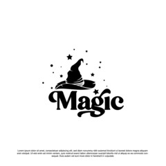 Creative magic lettering logo with witch hat vector illustration