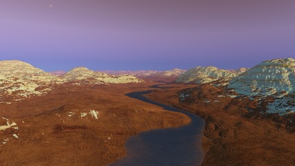 Fototapeta na wymiar beautiful view from an exoplanet, a view from an alien planet, a computer-generated surface, a fantastic view of an unknown world, a fantasy world 3D render