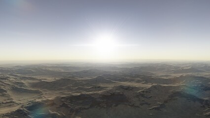 beautiful view from an exoplanet, a view from an alien planet, a computer-generated surface, a fantastic view of an unknown world, a fantasy world 3D render