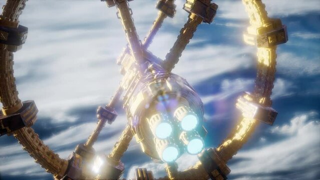 Highly detailed huge spaceship approaching to the Earth.