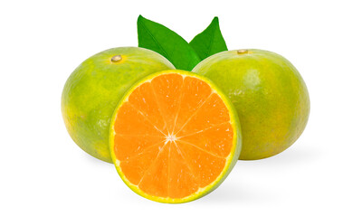 Fototapeta na wymiar Thin peeled oranges orange fruit with cut in half and green leaves isolated on white background.