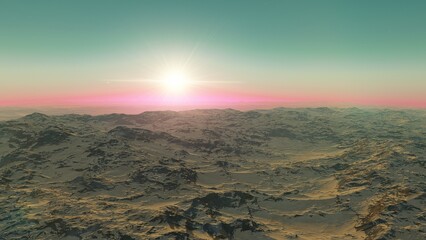 alien planet landscape sci fi spatial background, view from planet surface with spectacular sky, realistic digital illustration