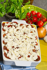Woman preparing meat lasagna in kitchen. lasagna recipe - Italian food
