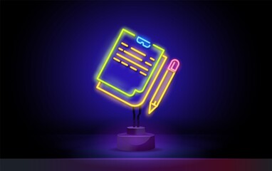 Neon notepad with pencil outline icon in neon style. Elements of education illustration line icon. signs, symbols can be used for web, logo, mobile app