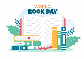 Obraz premium World Book Day Flat Cartoon Background Illustration. Stack of Books to Reading, Increase Insight and Knowledge Suitable for Wallpaper or Poster