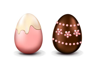 A set of Easter chocolate eggs with pink flowers made from sugar icing. Easter eggs design for holiday cards, posters, invitations, etc.