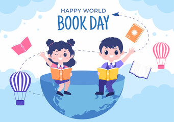 World Book Day Flat Cartoon Background Illustration with Children . Stack of Books to Reading, Increase Insight and Knowledge Suitable for Wallpaper or Poster © denayune